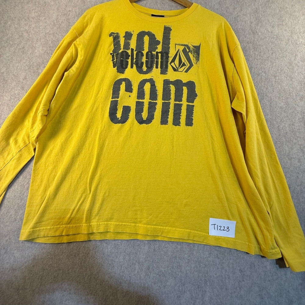 Volcom Mens Long Sleeve Graphic T-Shirt Yellow Distressed Logo XXL Skate Surf